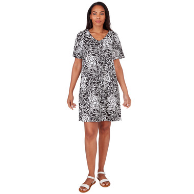 Plus Women's Black Leaf Puff Print Trapeze Short T-Shirt Dress | Ruby Rd.