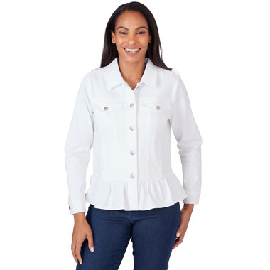 Petite Women's Ruffle Hem White Denim  Jacket