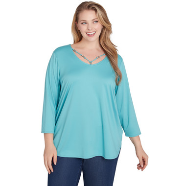 SEAGREEN Plus Women's V-Neck Solid Knit Top with Bead Detail