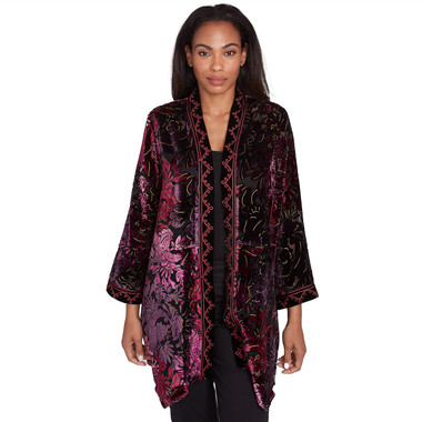BEET MULTI Petite Women's Open Front Velvet Burnout Embroidered Cardigan