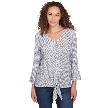 BLACK/WHITE Women's Spacedye Puckered Knit Tie-Front Top