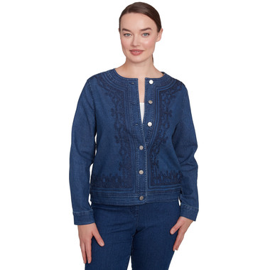 INDIGO Petite Women's Dark Stretch Denim Embroidered Jacket