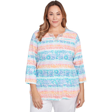 PAPAYA MULTI Plus Women's Embellished Watercolor Stripe Print Top