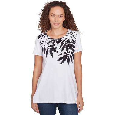 WHITE/BLACK Women's Scoop Neck Palm Print Tee