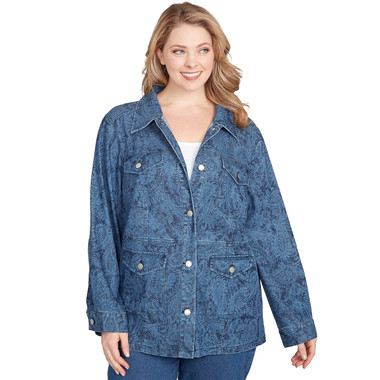 Plus Women's Paisley Stretch Denim Utility Jacket