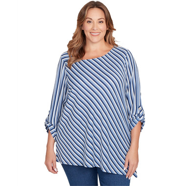 Plus Women's Textured Stripe Roll Tab Sleeve Top