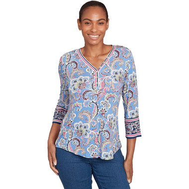 Petite Women's Stripe Trim Paisley Henley Top