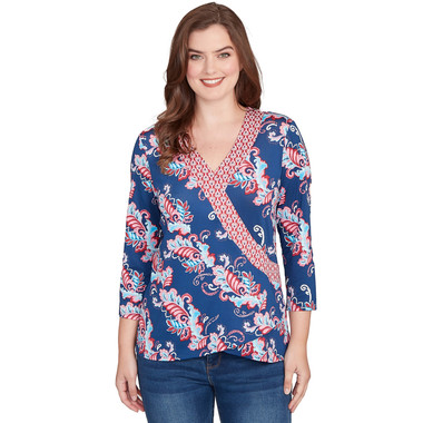 Women's Ikat Floral Puff Print Surplice Top