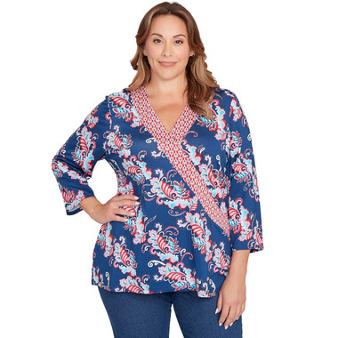 Plus Women's Ikat Floral Puff Print Surplice Top