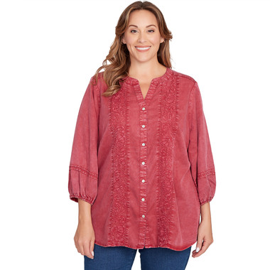 Plus Women's Artisan Embroidered Button Front Blouse