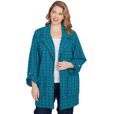 Plus Women's Open Front Tweed Patch Pocket Jacket