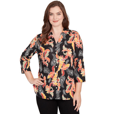 Petite Women's Shirt Collar Floral Paisley Button Front Top
