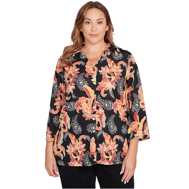 Plus Women's Shirt Collar Floral Paisley Button Front Top