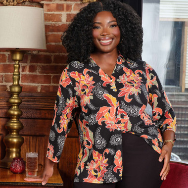 Plus Women's Shirt Collar Floral Paisley Button Front Top