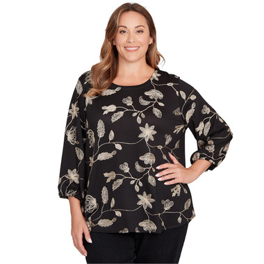 Plus Women's Metallic Embroidered Floral Top