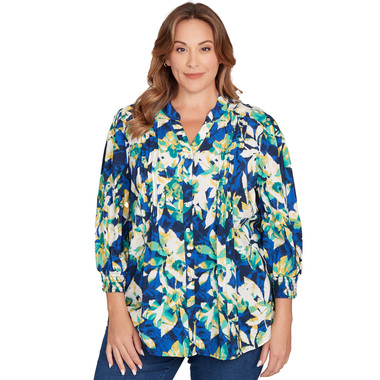 Plus Women's Floral Silky Voile Button Down Blouse