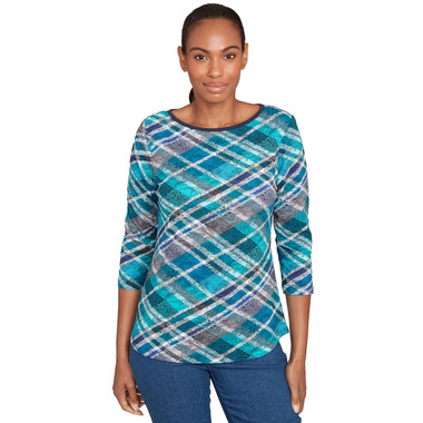 Women's Solid Tipped Plaid Knit Top