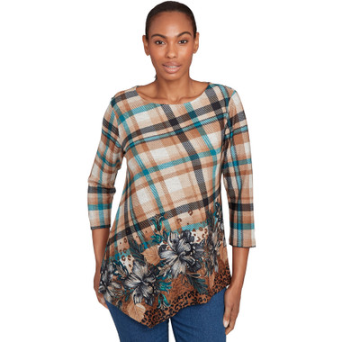 Women's Floral Plaid Cozy Ballet Neck Top
