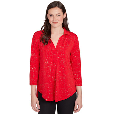Petite Women's Metallic Dew Drop Shirt Collar Top