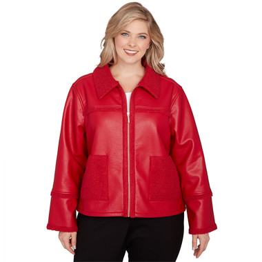 Plus Women's Faux Leather Shearling Zip Front Jacket