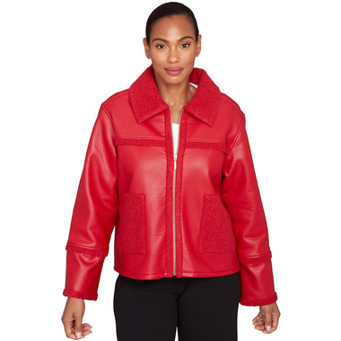Petite Women's Faux Leather Shearling Zip Front Jacket