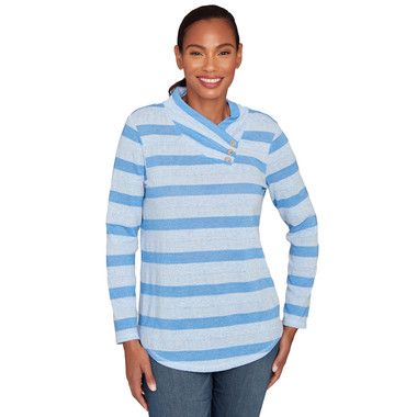 Petite Women's Metallic Stripe Button Accent Knit Top