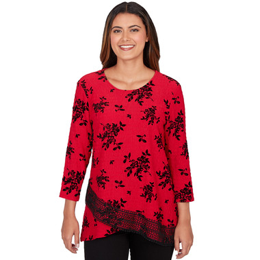 Petite Women's Floral Flocked Texture Lace Trim Top