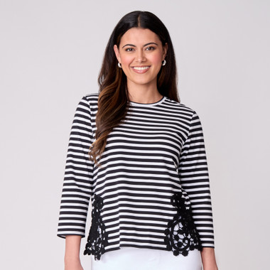 Women's Stripe Cotton Lace Applique Top