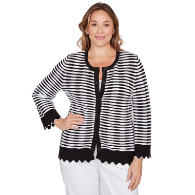 Plus Women's Scallop Trim Striped Button Cardigan