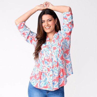 Women's Paisley Silky Gauze Button Front Top