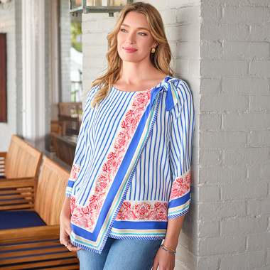 Women's Striped Scarf Print Tie Shoulder Top