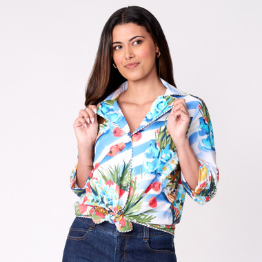 Plus Women's Picnic Print Poplin Tied Snap Front Top