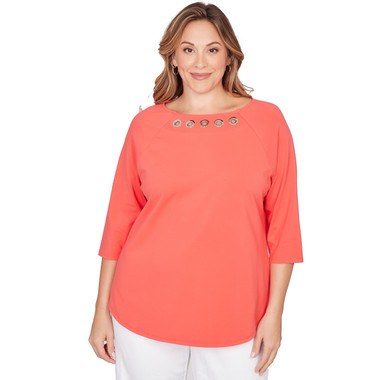 Plus Women's Grommet Neck Solid Knit Top