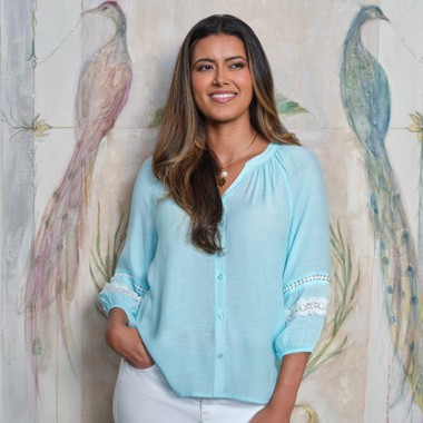 Petite Women's Silky Gauze Lace Trim Peasant Blouse