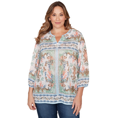 Plus Women's Ocean Motif Burnout Knit Top