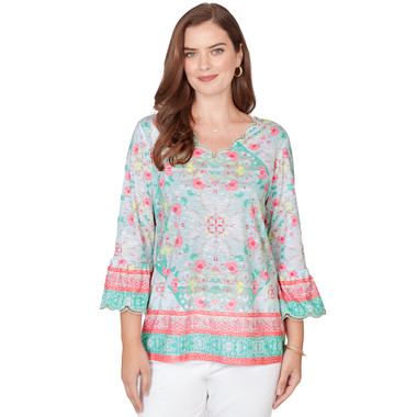 Women's Scalloped Neck Tapestry Print Knit Top