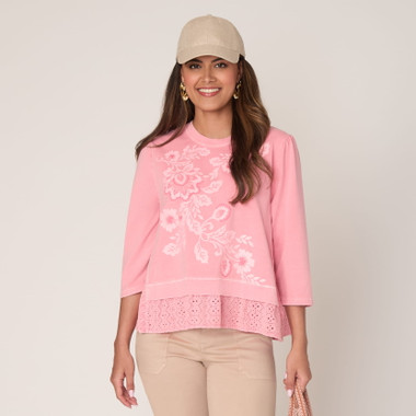 Petite Women's Embroidered Terry Scoop Neck Top