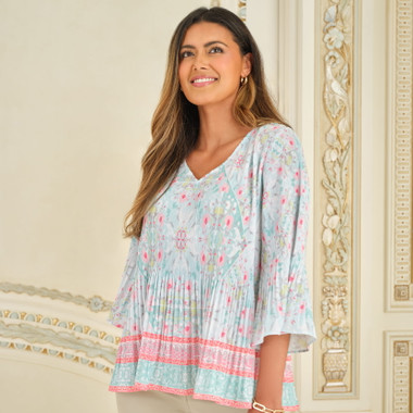 Petite Women's Pleated Tapestry Print Bell Sleeve Blouse