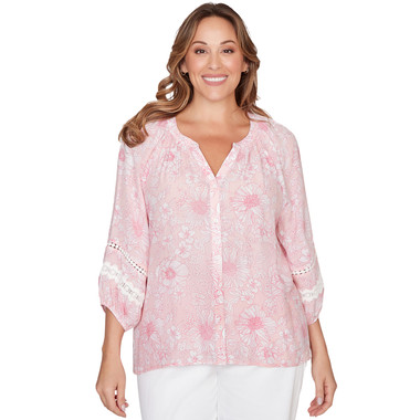 Plus Women's Floral Silky Gauze Peasant Top