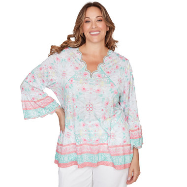 Plus Women's Scalloped Neck Tapestry Print Knit Top