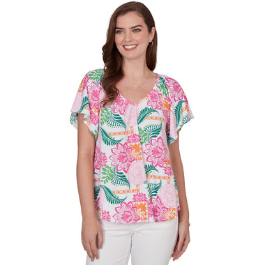 Women's Tropical Floral Eyelet Flutter Sleeve Tee