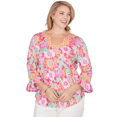 Plus Women's Floral Puff Print Ruffle Sleeve Knit Top