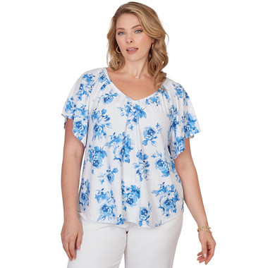 Plus Women's Flutter Sleeve Floral Eyelet Tee