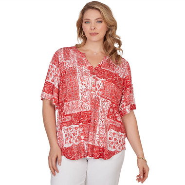 Plus Women's Patchwork Bandana Henley Tee