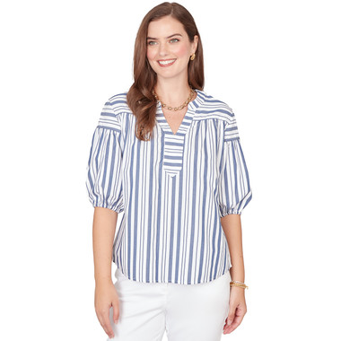 Petite Women's Striped Cotton Poplin Elastic Cuff Top