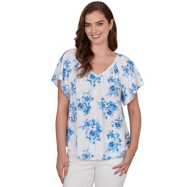 Women's Flutter Sleeve Floral Eyelet Tee