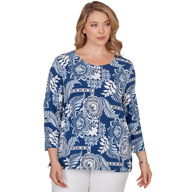 Plus Women's Tropical Patchwork Scoop Neck Knit Top