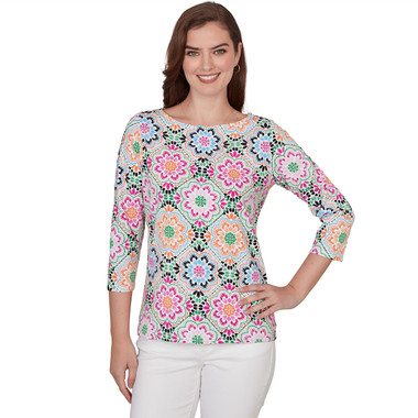 Petite Women's Kaleidoscope Floral Boat Neck Knit Top
