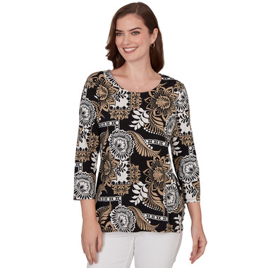 Petite Women's Tropical Patchwork Scoop Neck Knit Top