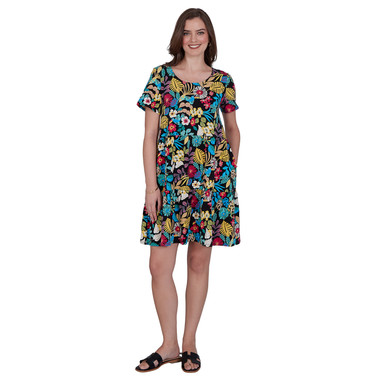 Women's Tropical Print Tiered Cotton Knit Pocket Dress